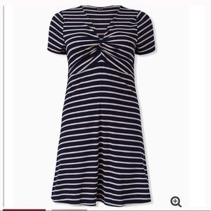 Navy & taupe stripe twist front dress